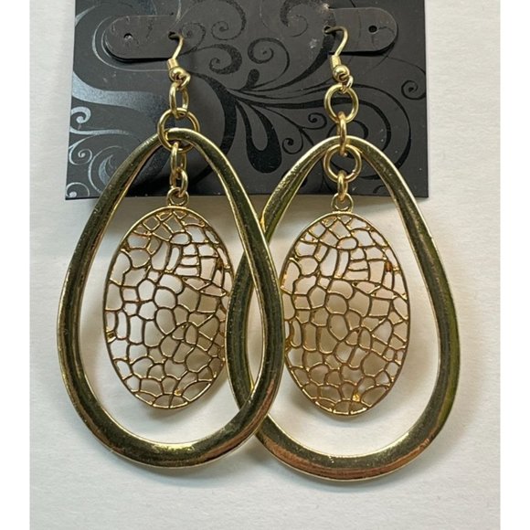 Vintage Teardrop Earrings Gold Tone Filagree Floating Retro Dangle - Picture 5 of 6